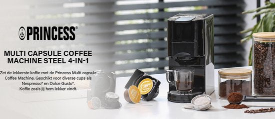 Princess 249450 Cafetière à filtre multi-capsules - Acier 4 en 1 - Convient pour plusieurs cafés