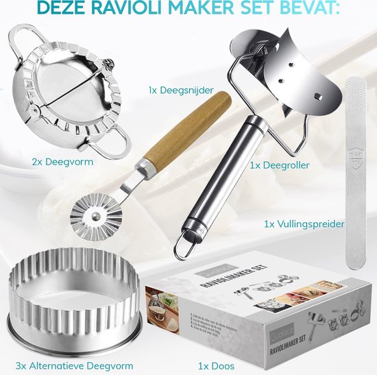 Qualisce Machine à raviolis - Machine à pâtes - Emporte-pièces - Coupe-raviolis - Rouleau à pâtisserie - Acier inoxydable