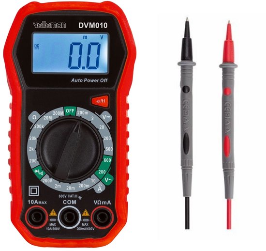 Multimètre numérique Velleman, adapté à la mesure du courant CA/CC, de la tension CA/CC, de la résistance, du transistor, des diodes et de la continuité, y compris les cordons de test