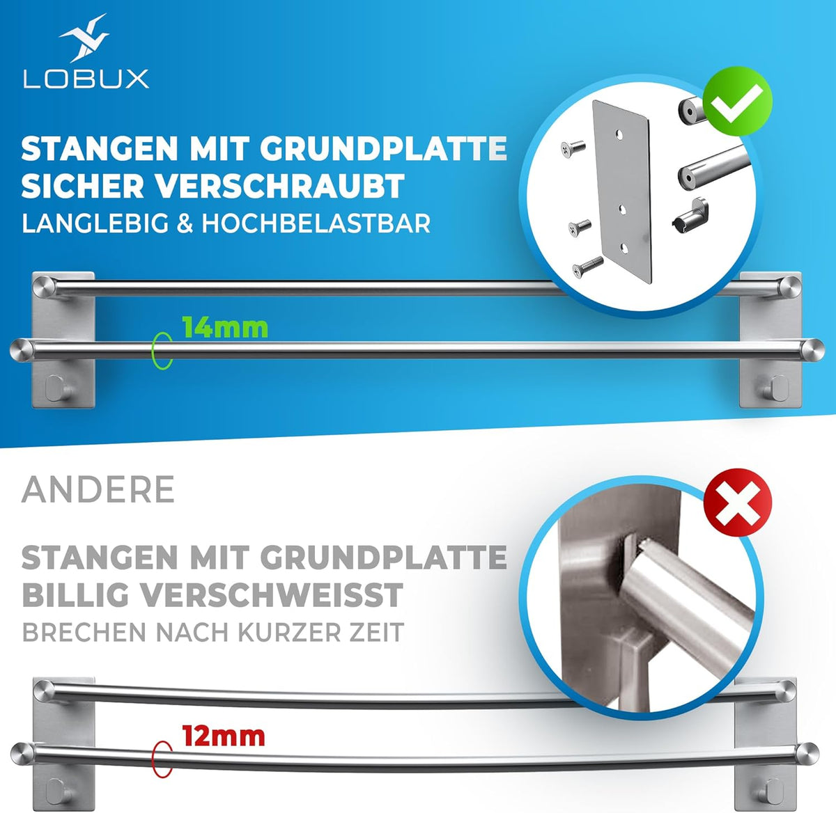LOBUX® - Porte-serviettes sans perçage - 80cm, acier inoxydable - Porte-serviettes salle de bain double, auto-adhésif - Porte-serviettes, porte-serviettes de bain incl. 2 crochets à serviettes - pour salle de bain, paroi de douche, cuisine