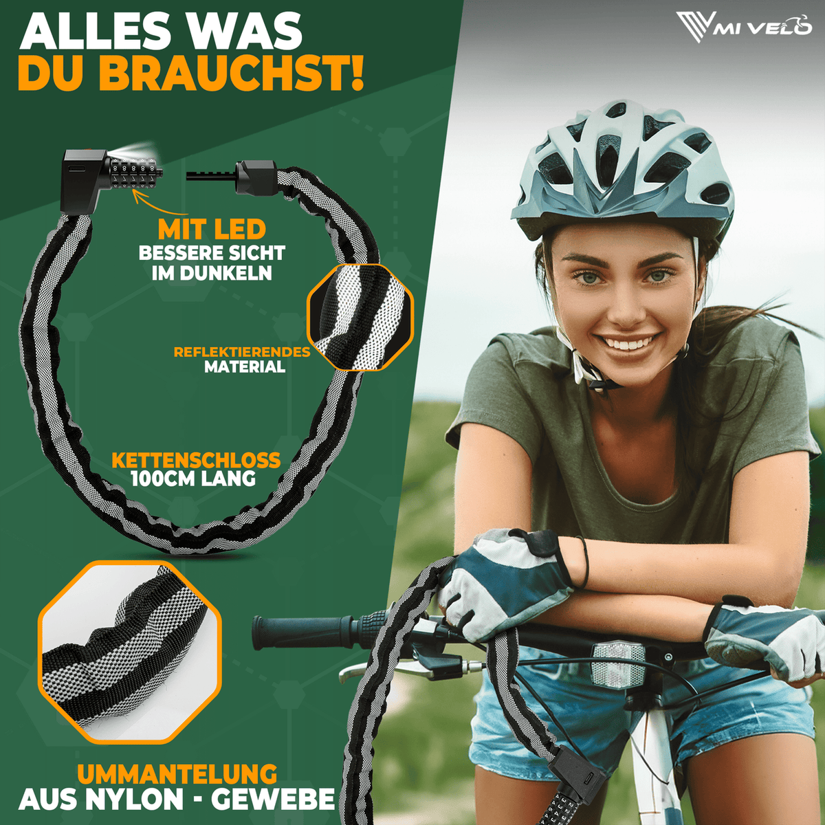 MIVELO - Serrure à chaîne de haute sécurité avec serrure à chiffres et LED - 100 cm de long - Acier trempé - 8 mm d'épaisseur - Noir