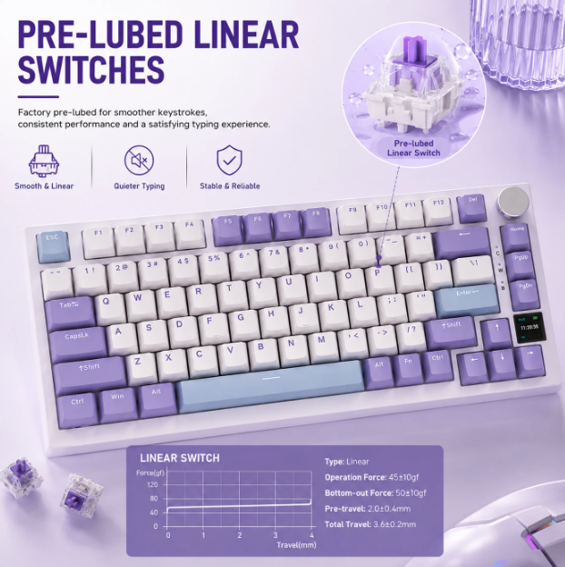 Clavier mécanique AJAZZ AK820 Pro - 75 % - QWERTY US - Tri-mode - Écran TFT - RGB - Gris - Commutateurs Sea Salt Purple