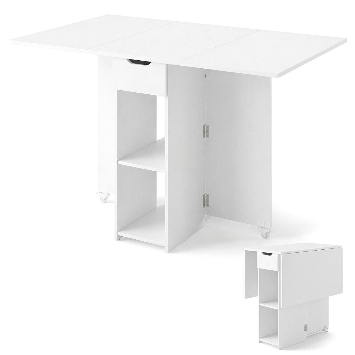 Table de cuisine pliante Coast - avec tiroir et étagères de rangement - pouvant accueillir quatre personnes - blanc/marron rustique/noir