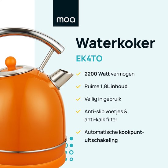 MOA Bouilloire Retro - 1,8L - Retro - 2200W - acier inoxydable - Orange