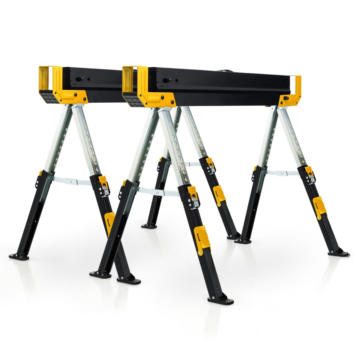 Ensemble de 2 chevalets de sciage pliants Coast - Réglables en hauteur - Surface supérieure antidérapante en PVC - Jaune et noir