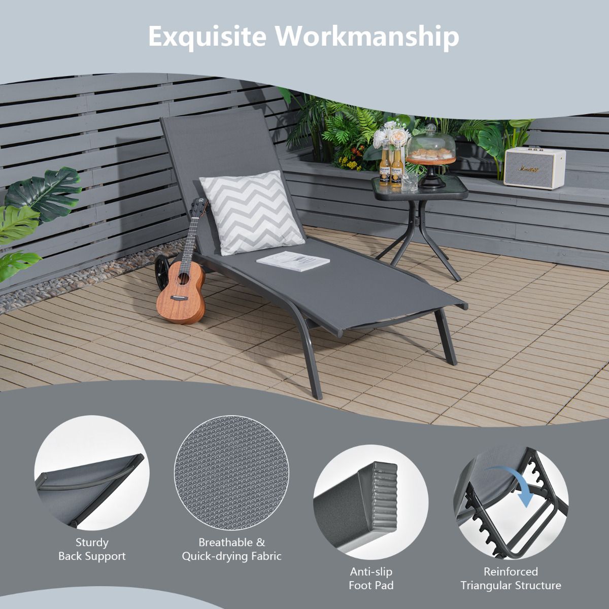 Chaise longue réglable Coast - 6 positions - roulettes souples - gris