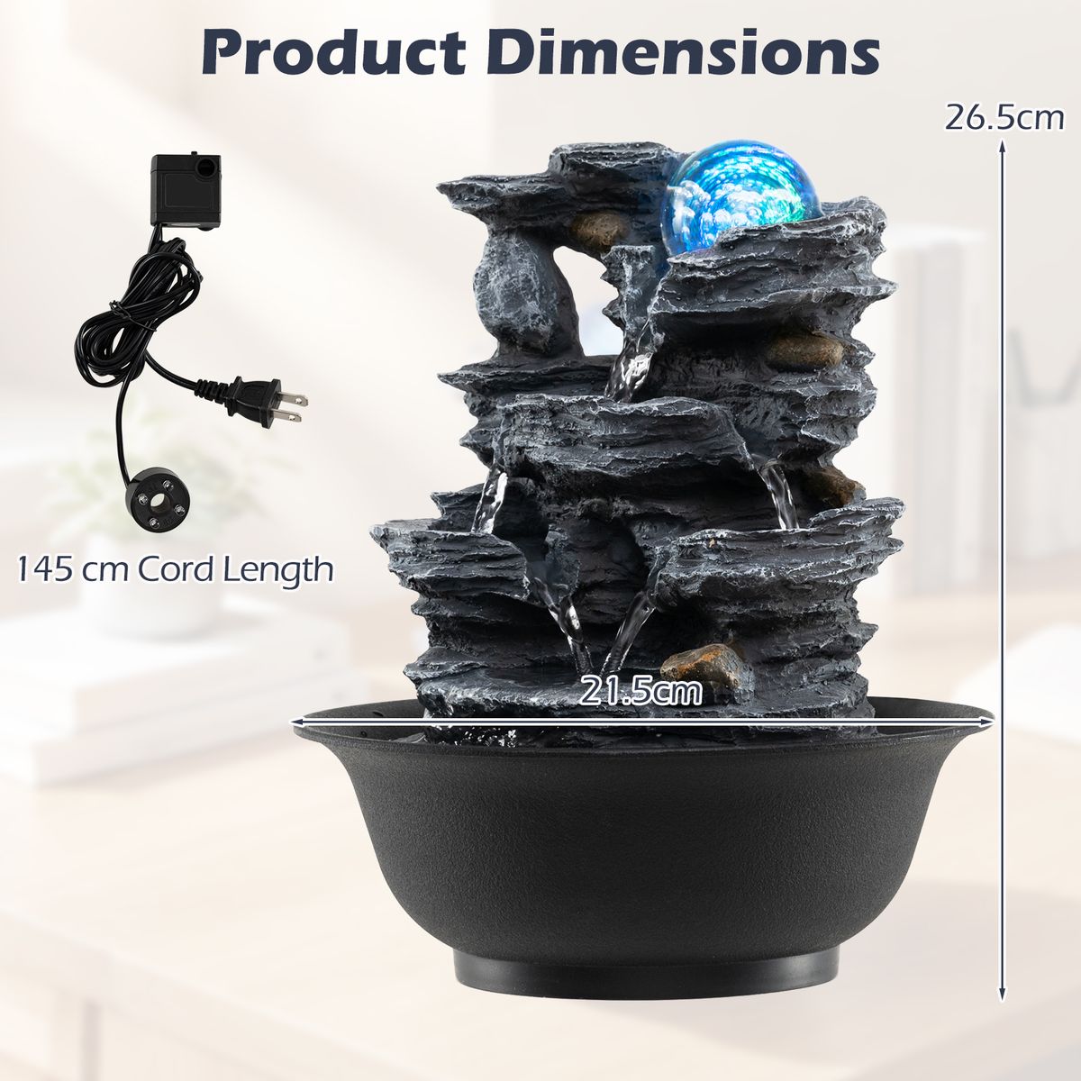 Fontaine de table Coast - Cascade effet rocher - Éclairage LED - Noir - 21,5 x 26 cm