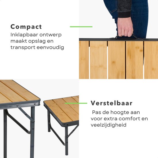Table de camping pliable en bambou Cheqo® - Table de camping pliable - Table de balcon - Table de jardin - Légère et pliable - Structure en aluminium