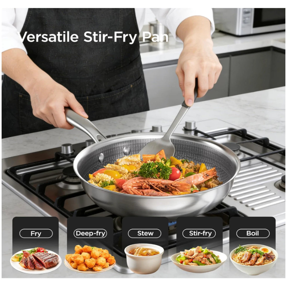 Poêle wok COOKER KING - 26 cm - acier inoxydable à 3 couches - revêtement antiadhésif