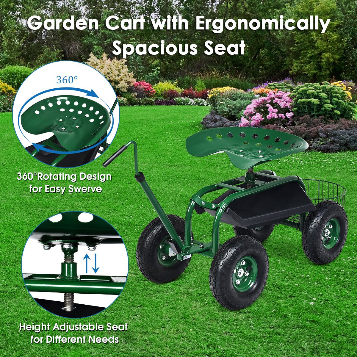 Chariot de jardin Coast avec panier de rangement - poignée réglable en hauteur - assise ergonomique - vert