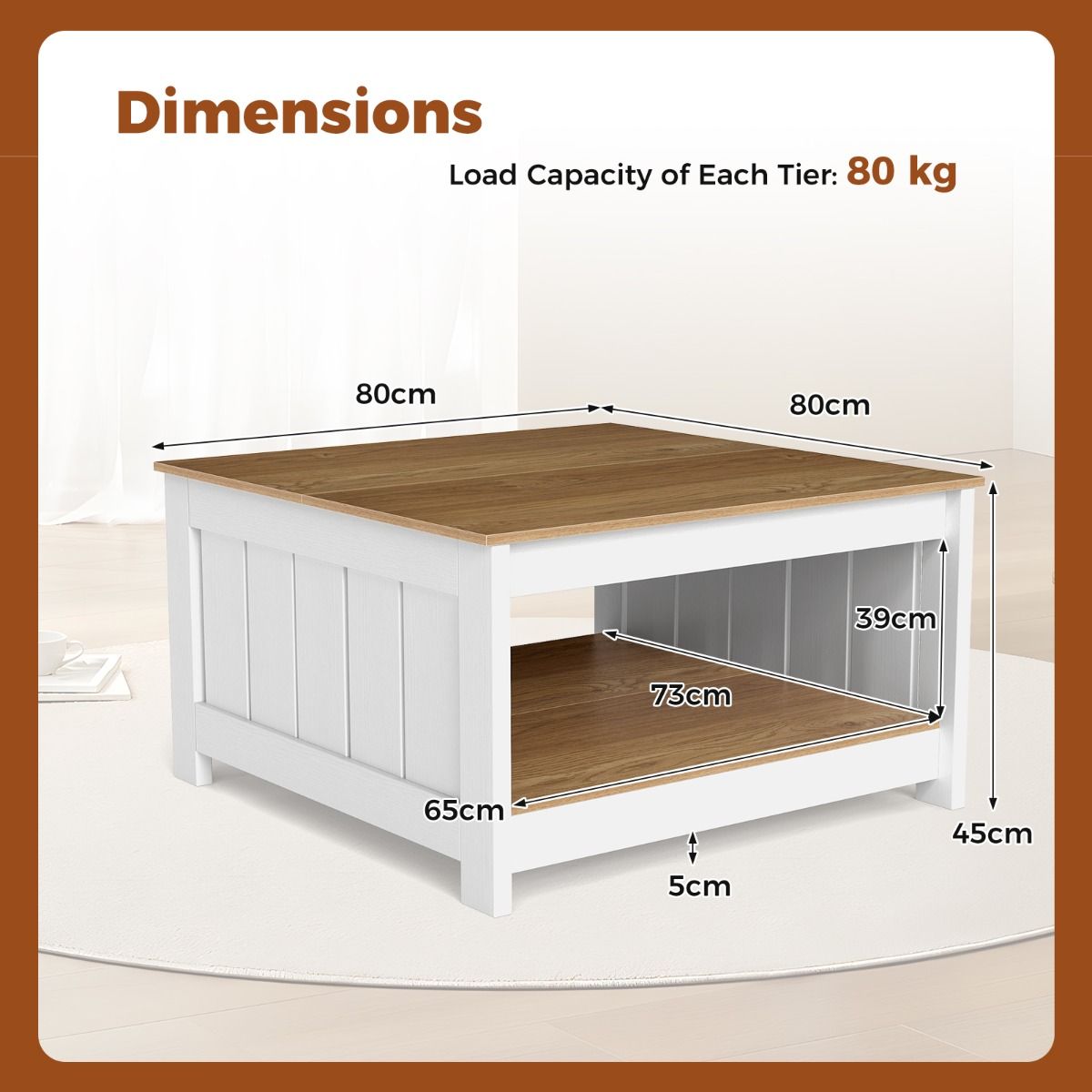 Table basse Coast en bois - 2 niveaux - Espace de rangement - Naturel et blanc - 80 x 80 x 45 cm