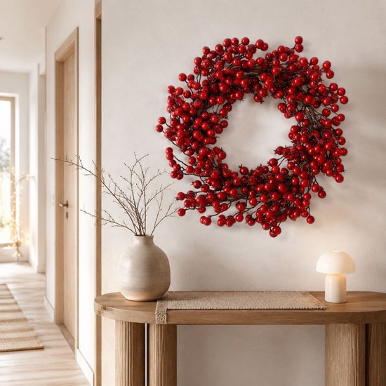 Mica Decorations : couronne de Noël aux baies rouges - Décoration de Noël - Couronne de porte d'intérieur - Décoration festive de Noël en mousse - Diamètre 40 x hauteur 10 cm - Rouge