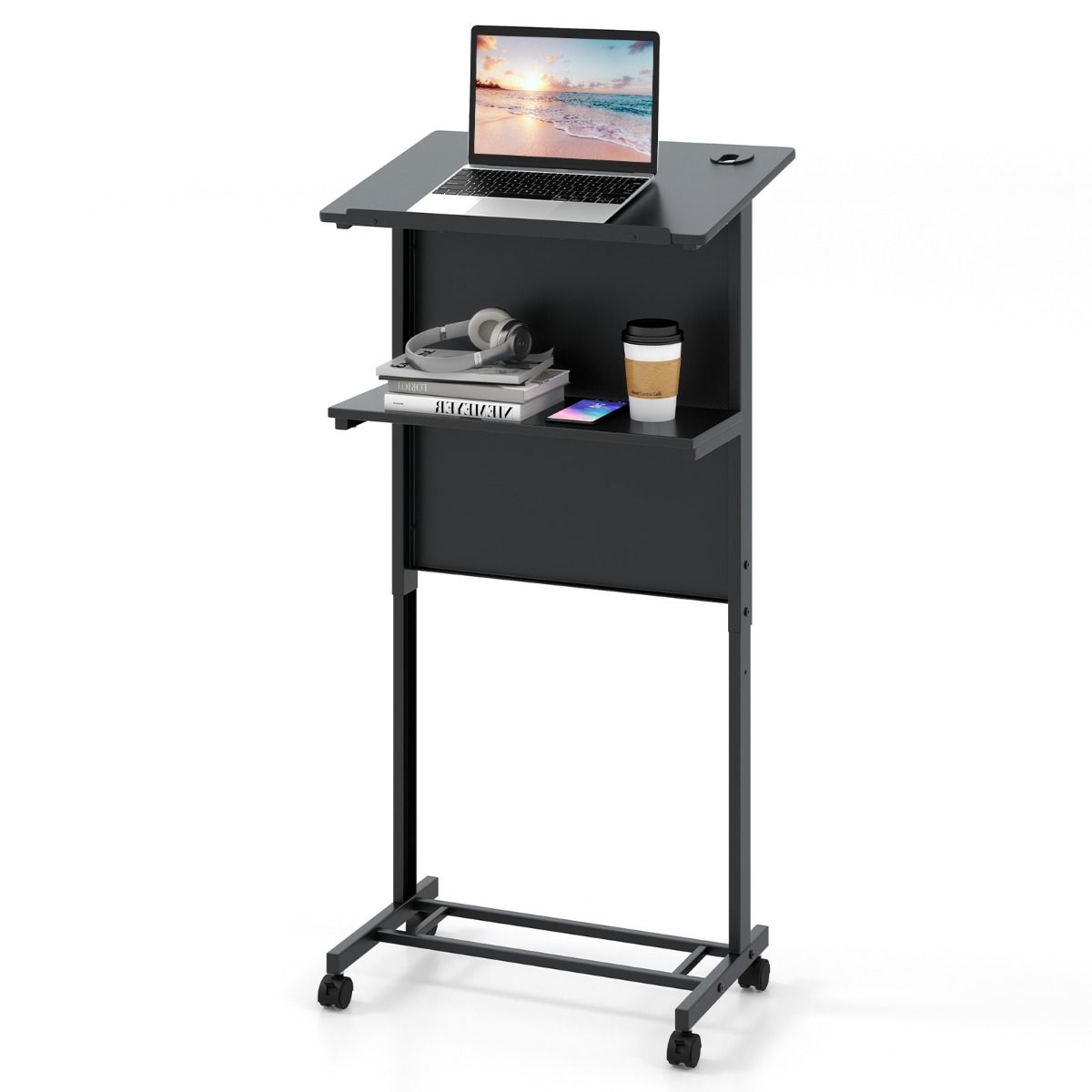 Bureau Coast réglable en hauteur (position assise/debout) - Mobile avec roulettes - Espace de rangement - Noir