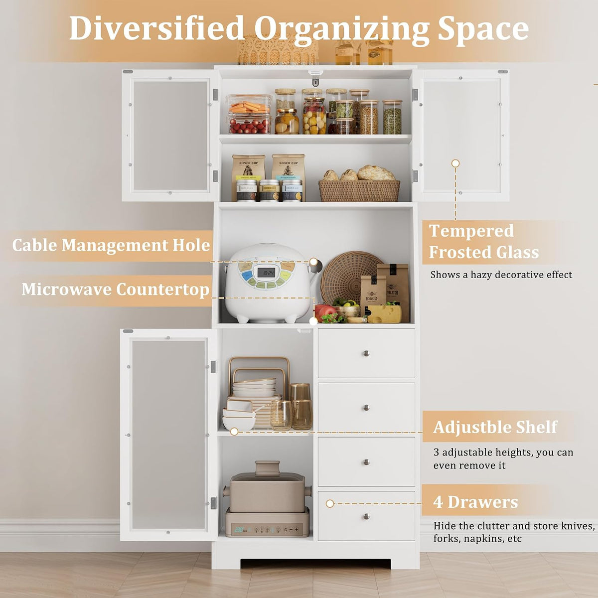 Armoire de cuisine haute avec plan de travail - 4 tiroirs et 3 portes vitrées - 60 cm de large - Blanc
