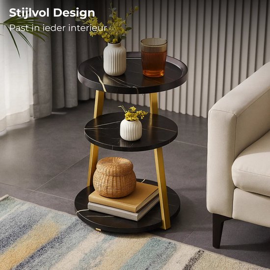 Table d'appoint moderne Lomera - Noir et or - Structure métallique dorée - Marbre noir - MDF - Table d'appoint ronde - Table de salon - Design luxueux - Aspect marbre - Polyvalence et flexibilité - Peu encombrante - Pieds réglables