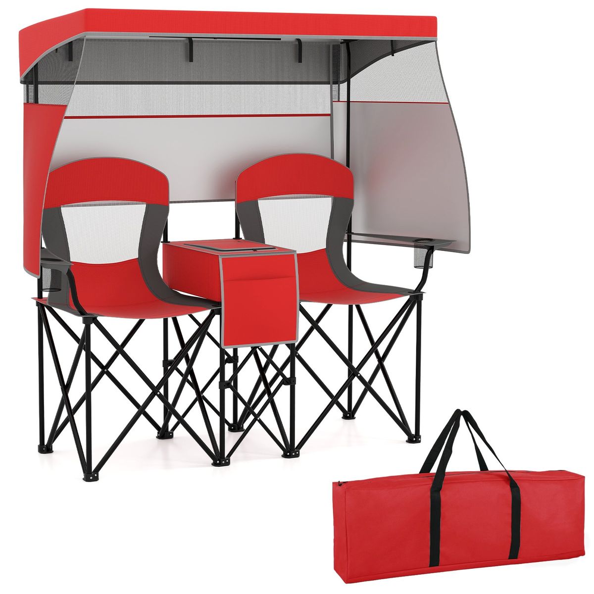 Chaise de camping double Coast - pare-soleil réglable - sac isotherme et porte-gobelets - rouge