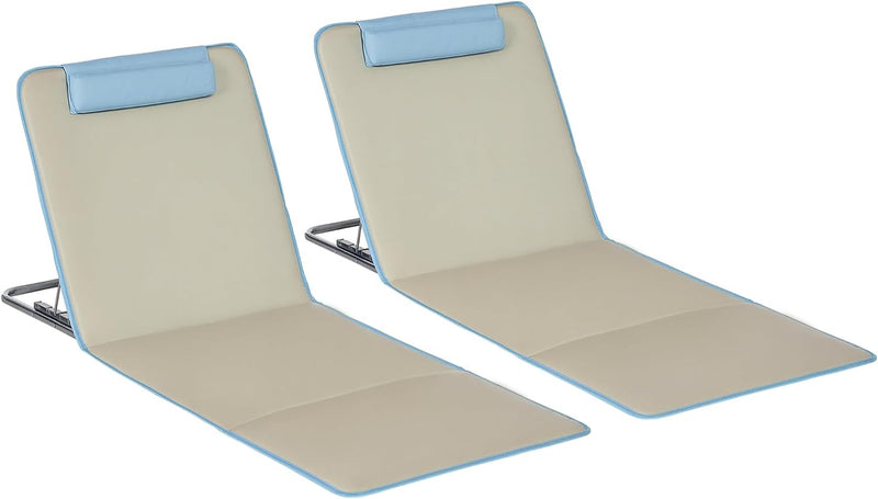 Tapis de plage pliables Outsunny avec dossier réglable - Lot de 2 - 124 x 53 x 35–45 cm - Beige/Bleu