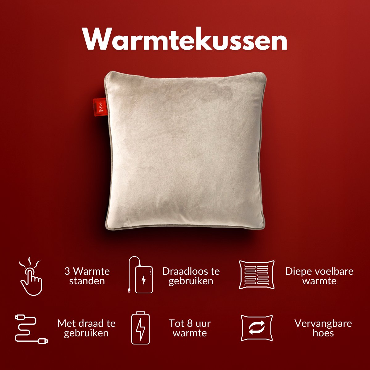 Coozie Rechargeable Heat Pillow 45x45 cm - Sans fil et filaire - 3 niveaux de chaleur (45-65°C) - Velvet Beige - 10 000 mAh Powerbank inclus