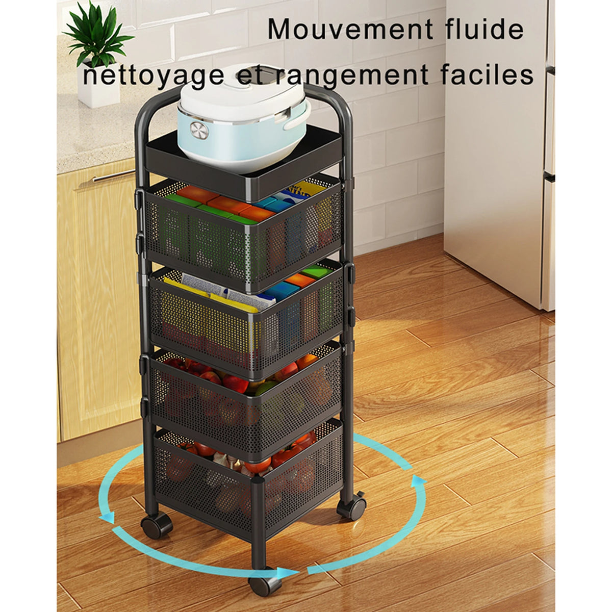 Étagère de rangement rotative Maxcook à 4 niveaux - Chariot sur roulettes - Pivotante à 360° - MCZW0126