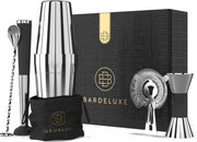 BarDeluxe® Cocktail Shaker Set - 5-Piece Boston Shaker - Cocktail Set with Stamper, Sieve, Bar Spoon & Recipe Book - Includes Luxury Gift Box - Silver
