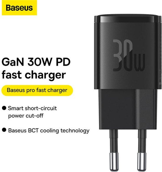 Chargeur rapide compact Baseus GaN5 30 W USB-C PD, noir
