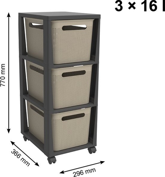 Rotho Tower Brisen - commode design 3 x 16 L avec roulettes - Cappuccino