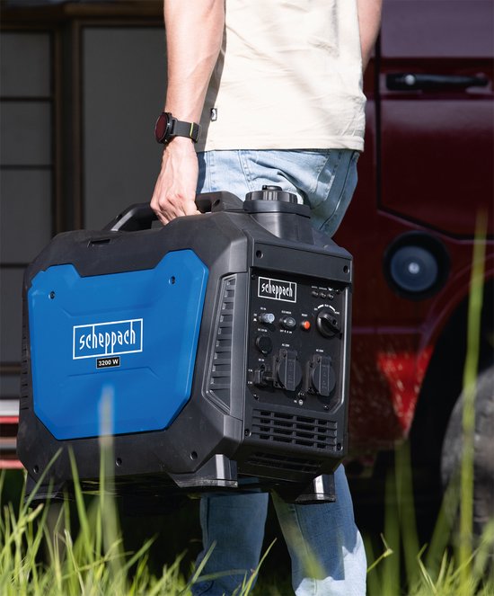 Générateur à essence Scheppach SG3500i - 3 500 W - Générateur à onduleur - 4,8 pk - Générateur avec 2 prises 230 V, 1 prise 12 V et 2 ports USB - Générateur électrique à essence