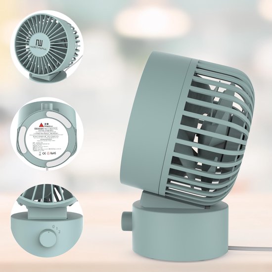 Northwall Mini ventilateur USB - Ventilateur de table bleu - Mini ventilateur silencieux - Ventilateur de bureau rétro - Petit, silencieux et silencieux - Deux moteurs - inclinable - 2 vitesses