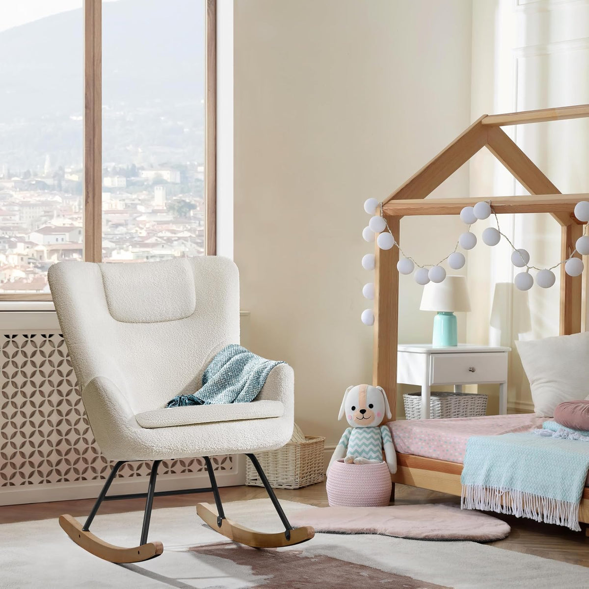 Fauteuil à bascule Yaheetech Boucle blanc avec dossier rabattable - 82,5 x 70 x 95,5 cm