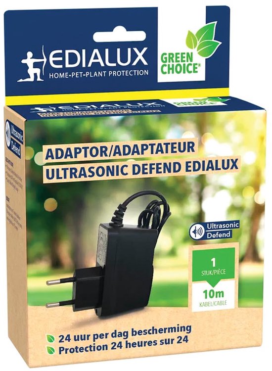 Adaptateur secteur Edialux 230 V, alimentation pour répulsifs à ultrasons pour animaux, câble de 1 m + rallonge de 10 m, compatible avec les répulsifs pour chats, chiens et oiseaux, « plug and play »