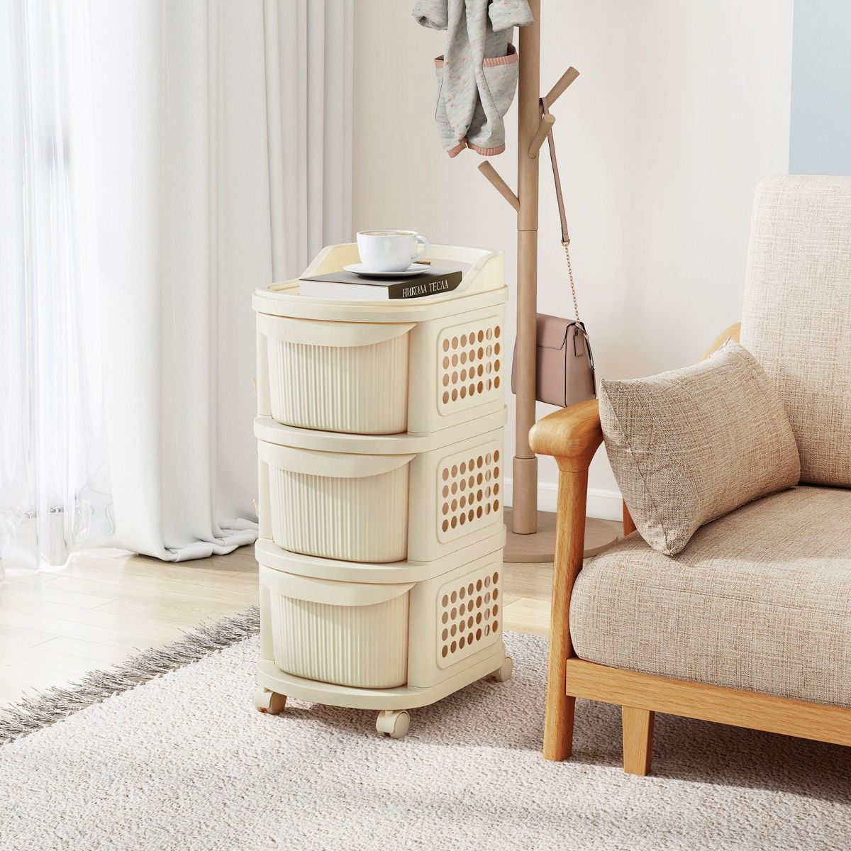 Chariot de rangement Coast sur roulettes - 3 tiroirs - Avec crochets - Blanc 38 x 32 x 68 cm