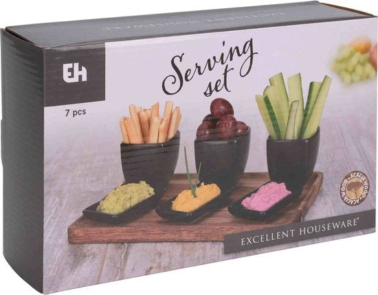 Excellent Houseware Serveerplank met 3 hapjes/saus/tapas schaaltjes - hout - 25 x 16 cm