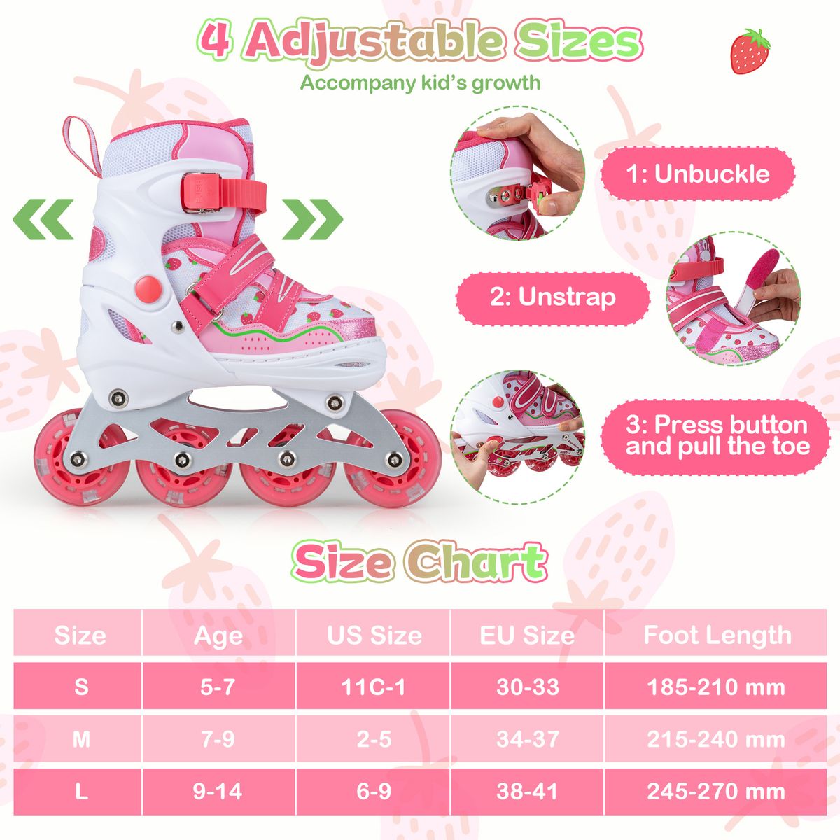 Rollers pour enfants Coast - Réglables sur 4 tailles - Roues lumineuses - Rose