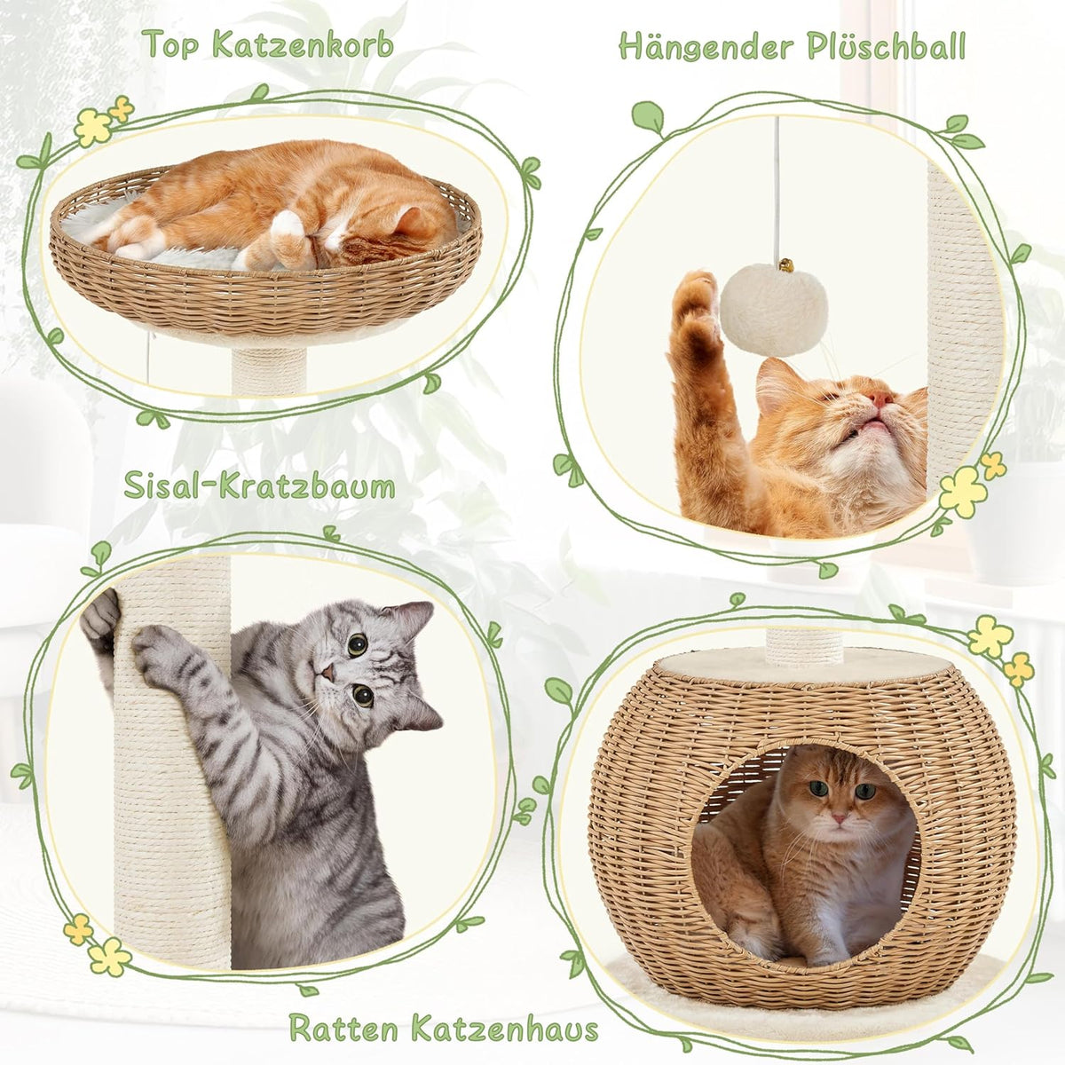 Yaheetech Cat Scratch Post with Basket and Cat House - 75 cm - Beige - Compact and Sturdy Design