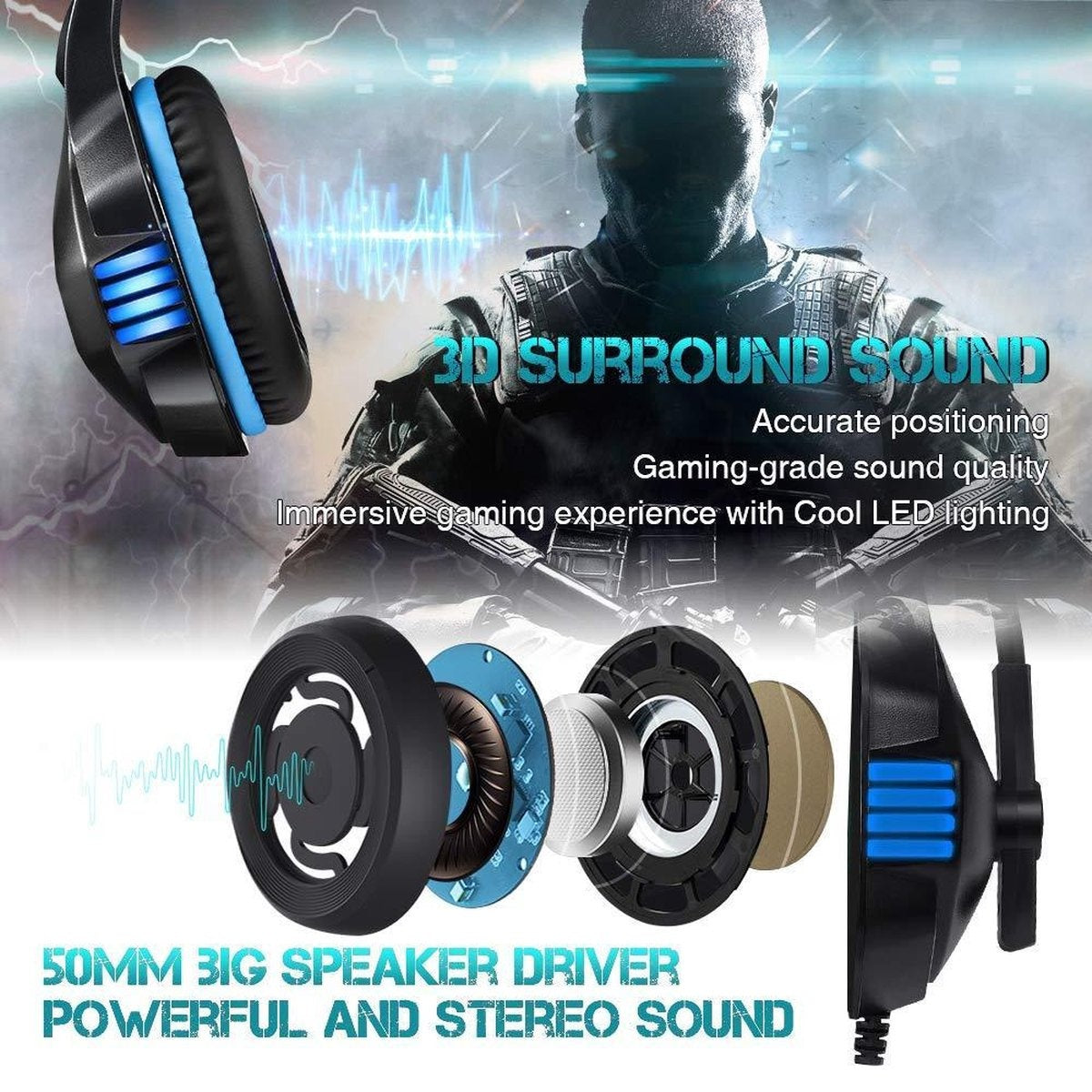 Casque de jeu Hunterspider V3 - Noir/Bleu - Convient pour PS4, Xbox One et Windows