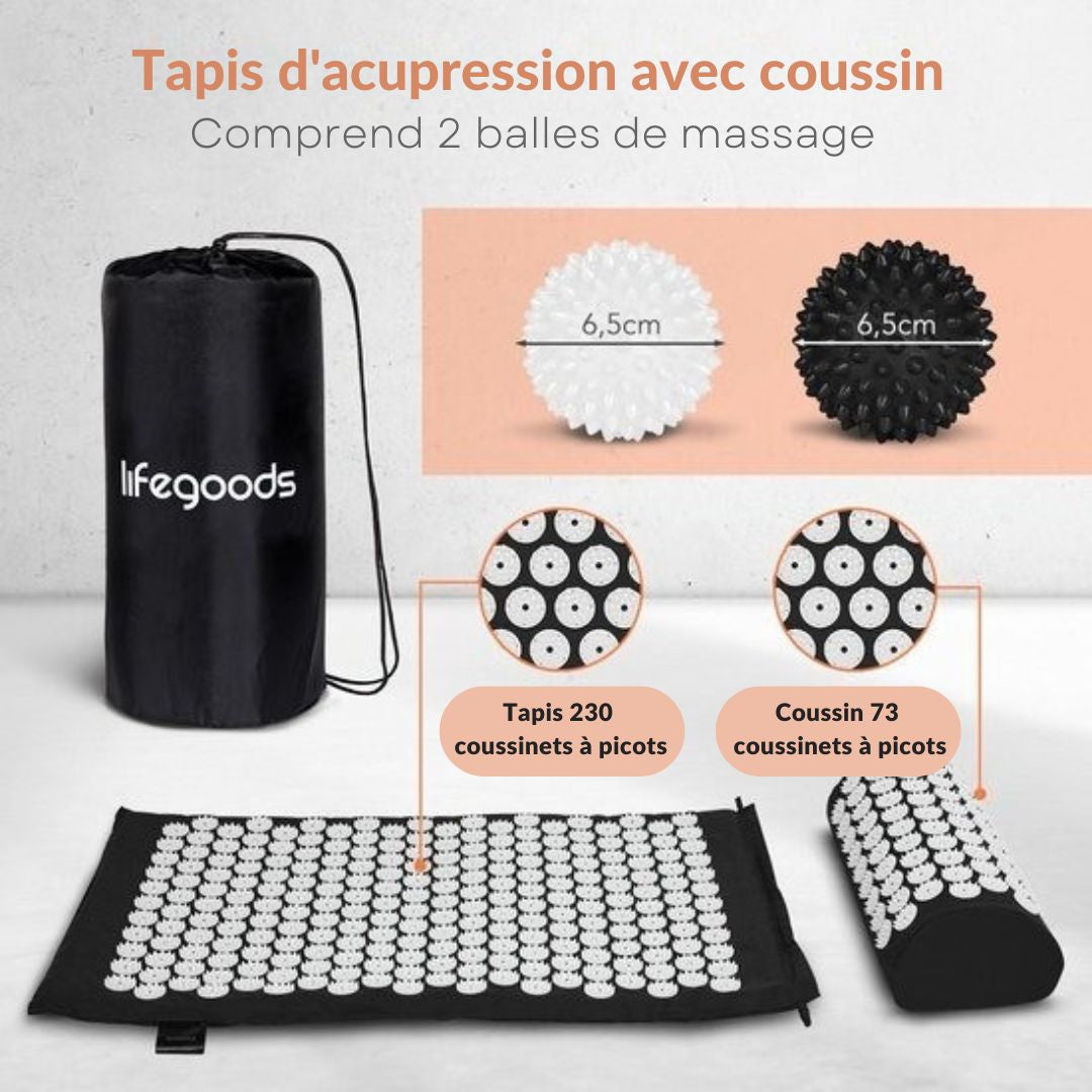 Tapis d'acupression avec coussin LifeGoods  - Tapis Shakti - Tapis pour relaxation avec 2 balles  - 66x40x2cm - Noir/Blanc