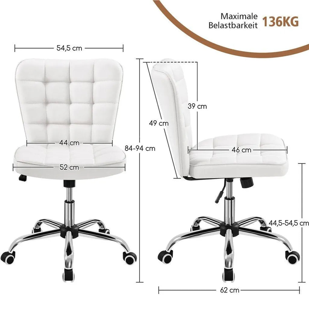 Yaheetech Ergonomic Office Chair - Chaise pivotante - Siège réglable - Sans accoudoirs - Cuir synthétique - Blanc