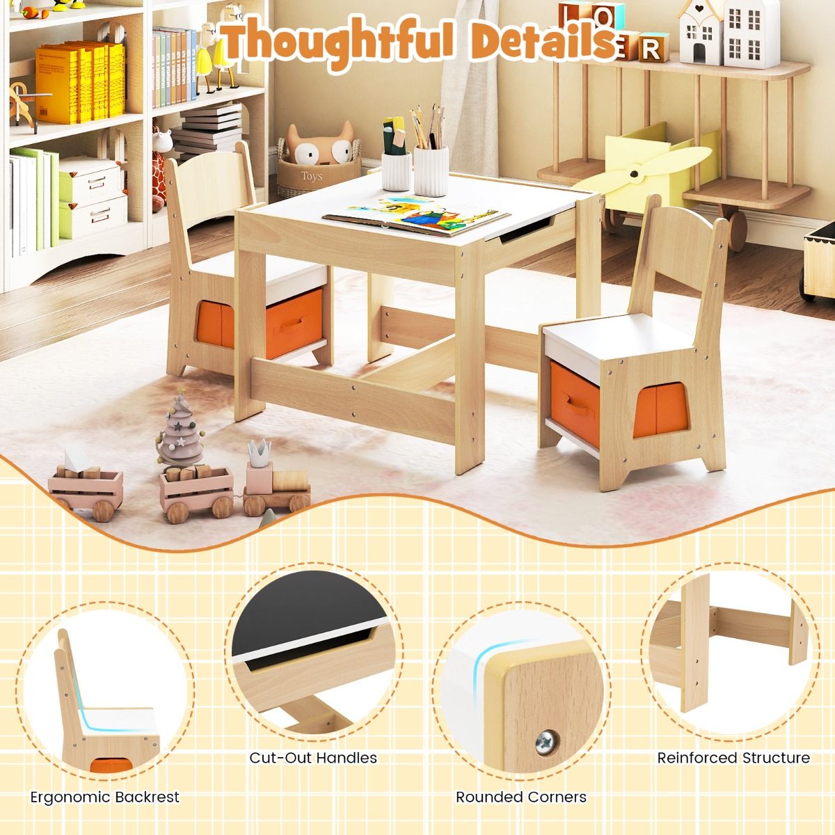 Ensemble table et chaises pour enfants Coast - Table d'activités en bois - Plateau réversible - Couleur naturelle