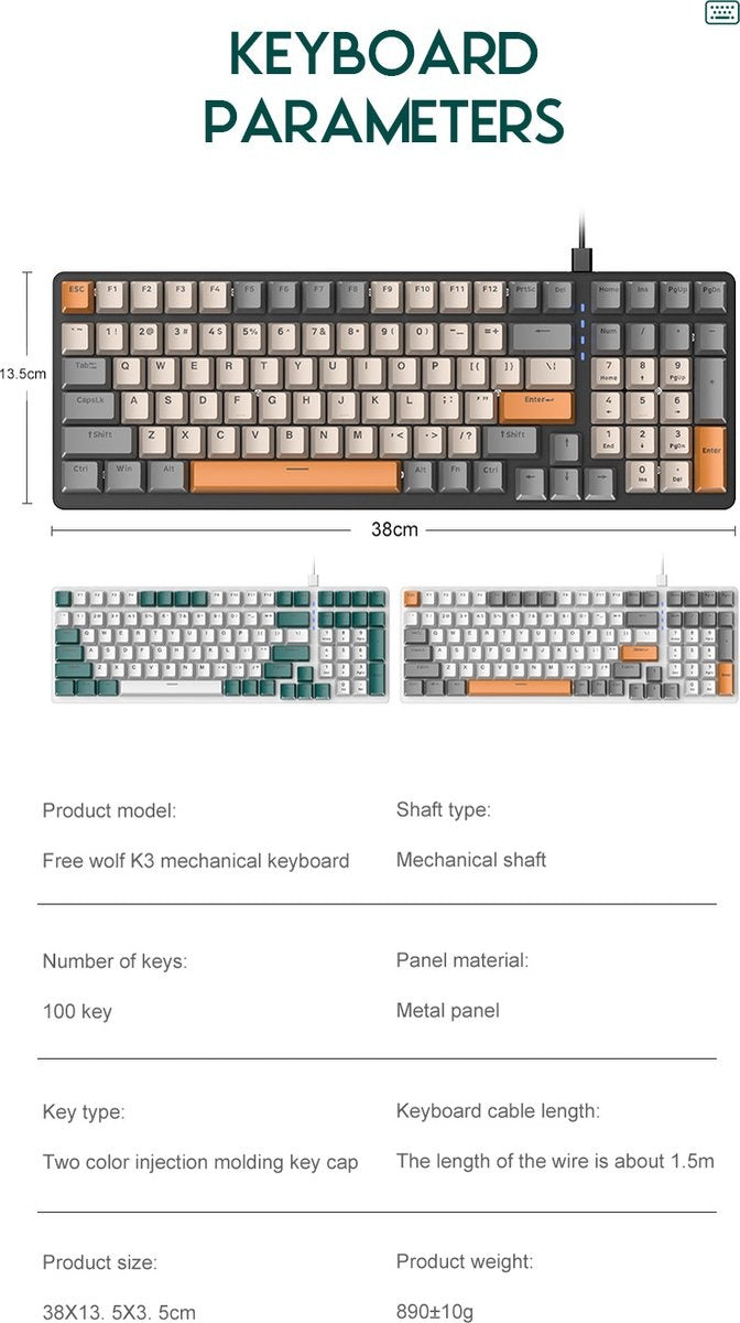 Clavier de jeu mécanique Fuegobird K3, 100 touches, QWERTY, Clavier mécanique rétroéclairé RVB, Vert