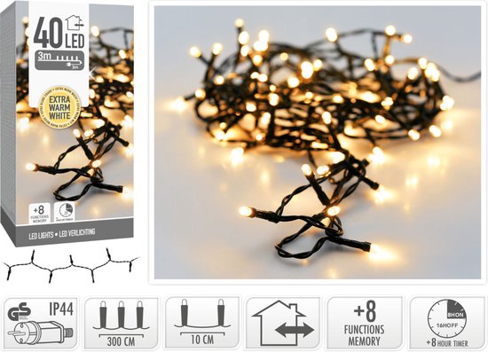 Guirlande lumineuse de Noël 40 LED - 3 m - blanc très chaud - minuterie - modes d'éclairage - mémoire - usage extérieur/intérieur