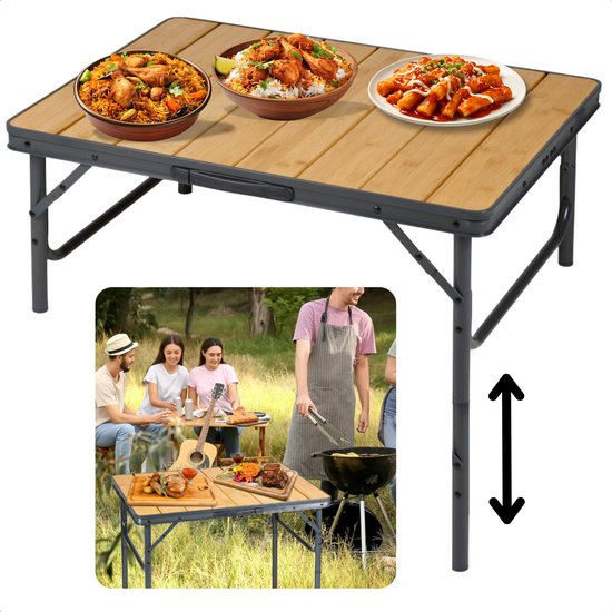 Table de camping pliable en bambou Cheqo® - Table de camping pliable - Table de balcon - Table de jardin - Légère et pliable - Structure en aluminium