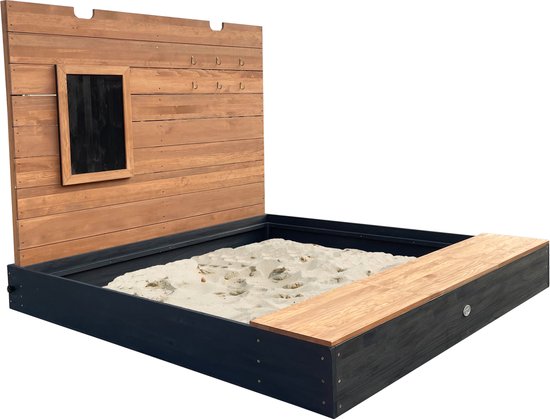 Bac à sable AXI Mandy XXL avec espace de rangement et couvercle - Avec banc et tableau à craie - Toile de protection incluse - 160 x 151 cm - Anthracite/Marron
