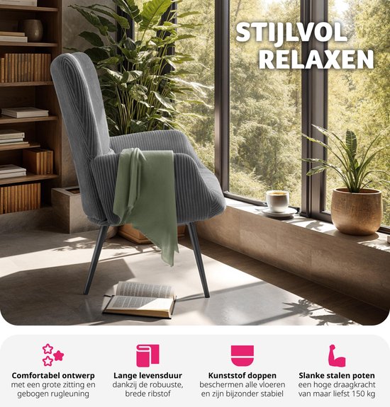 tectake® Fauteuil à oreilles de style scandinave - Velours côtelé Hygge - Chaise de salon, chambre à coucher - Chaise longue - Pieds en métal noir - Capacité jusqu'à 150 kg - Gris