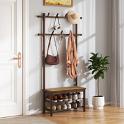 Porte-manteaux Coast en bambou avec banc - Porte-chaussures - Assise en rotin PE - Marron et naturel - 71 x 30 x 169,5 cm