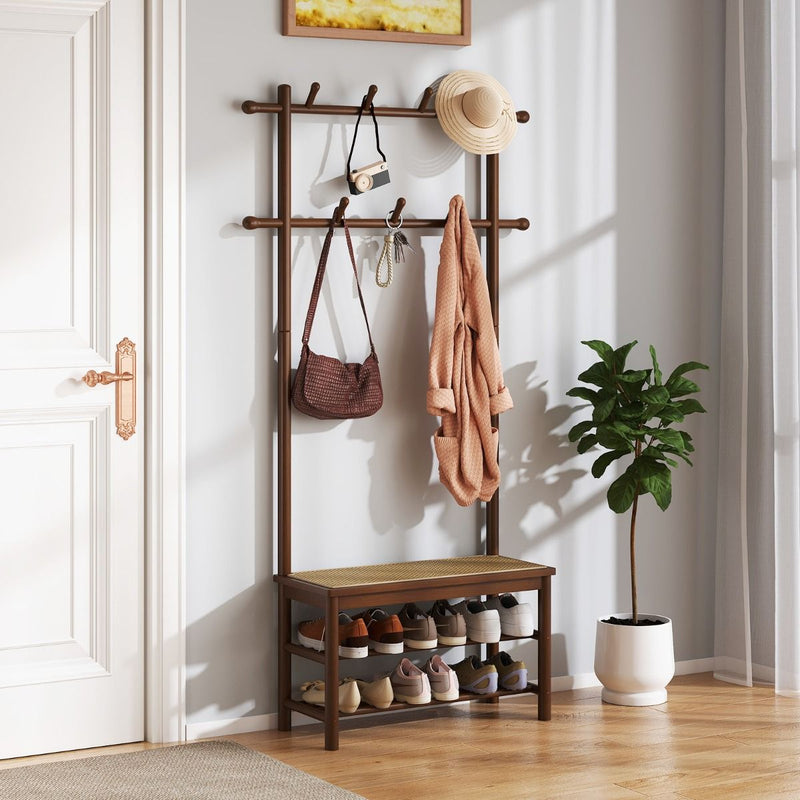 Porte-manteaux Coast en bambou avec banc - Porte-chaussures - Assise en rotin PE - Marron et naturel - 71 x 30 x 169,5 cm