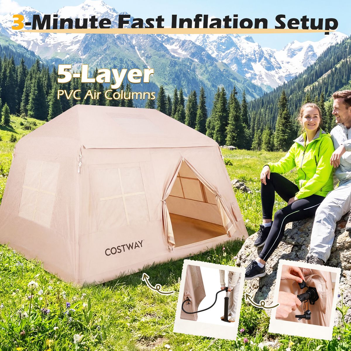 Tente de camping gonflable Coast - pour 4 à 6 personnes - montage rapide - kaki 253 x 213 x 183 cm