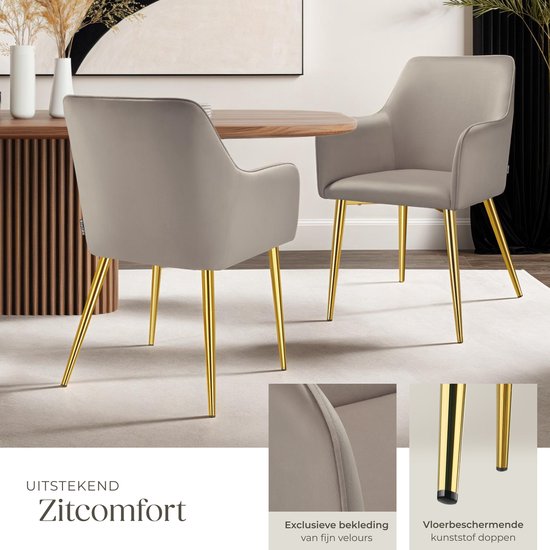tectake® Chaise de salle à manger Avane - Aspect velours - Chaise rembourrée avec accoudoirs ergonomiques - Pieds fins en acier doré - Capacité 120 kg - Chaise de salle à manger et de cuisine confortable - Lot de 2 - Taupe