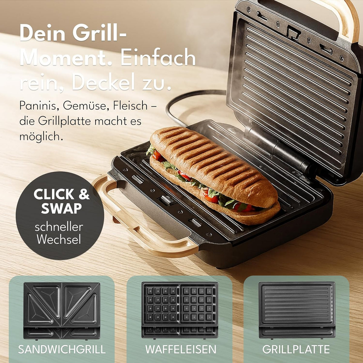 Lebenlang Sandwich maker 3-in-1 - 23.9 × 23 × 12.2 cm - 750 W - Noir - Sandwich - Gaufre - Grill