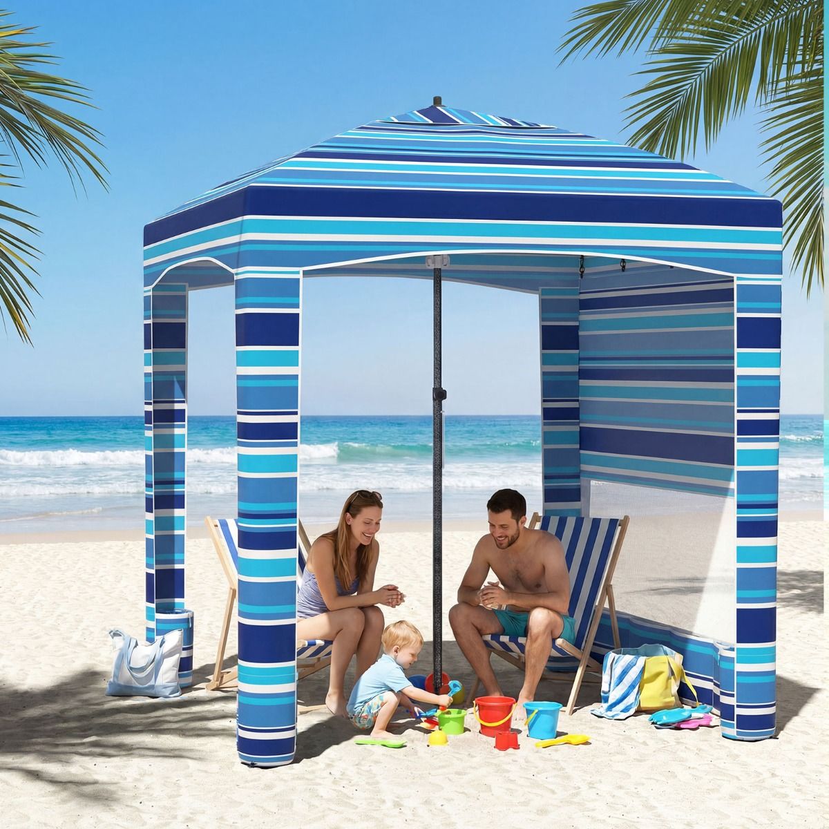 Tente de plage Coast - avec paroi latérale - hauteur réglable - bleu marine/rose - 185 x 185 cm