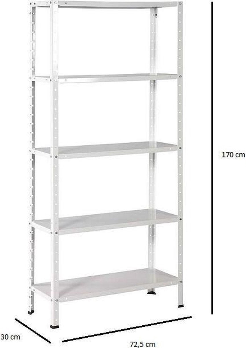 Opbergrek - 300 kg draagkracht - 170 cm hoog -  73 cm breed – 5 verstelbare legborden - Metaal - Wit